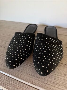 Black Studded Pointed Toe Slip-On Mules